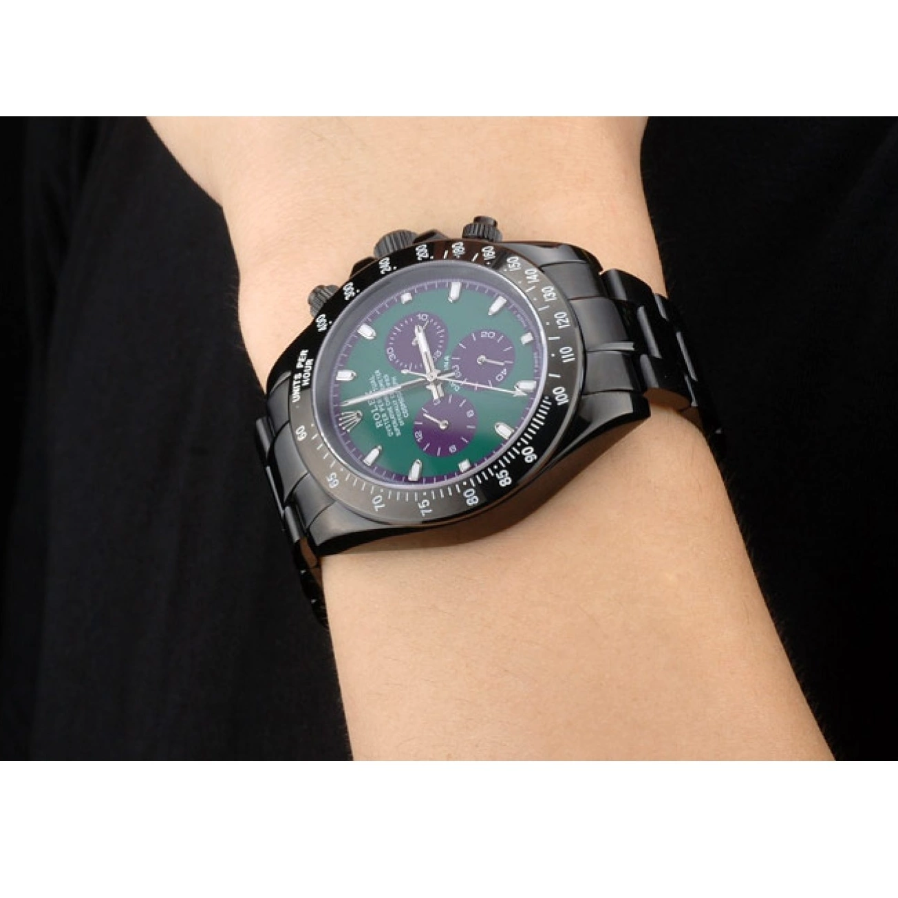 Aaa replica Plated Steel Daytona Stainless 80246 Black Rolex Ion Black Tachymeter Green Strap Dial 0710